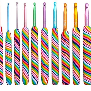 May include: Set of 10 rainbow crochet hooks with sizes ranging from 2.5 mm to 6.0 mm. The hooks are made of a colorful, striped material.