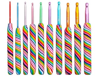 Rainbow Crochet Hook Set with Poly Ergonomic Handle – Set Includes 10 Pieces - Gift for Crocheter, GuChet, Crocheting Yarn, Christmas Gift