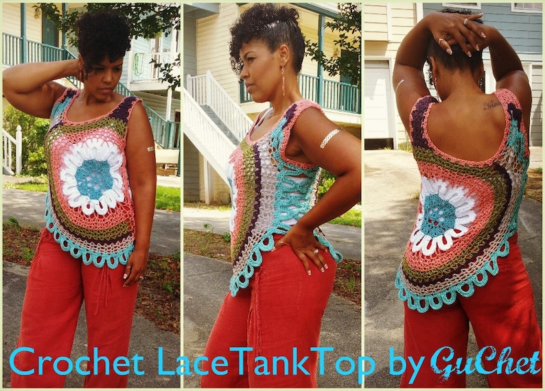 May include: A crocheted tank top with a colorful floral design. The top is sleeveless and has a scalloped hem. The top is made with a variety of colors, including pink, blue, green, and white.