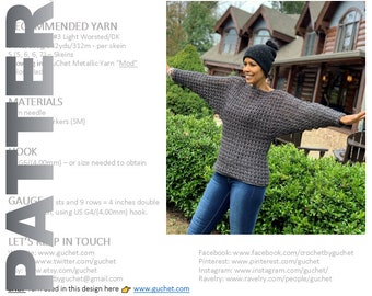 Crochet Sweater Pattern, Crochet Clothing Pattern, Dolman Sleeve Top, Crochet Top Pattern, Plus Size Crochet Pattern, PDF Crochet Pattern 6X