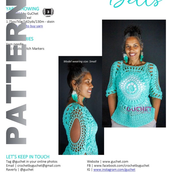 Crochet Top Pattern, "BELLS", Crochet Clothing Pattern, Crochet Shirt Pattern, Plus Size Crochet Pattern, PDF Crochet Pattern  GuChet Yarn