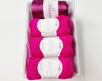 Yarn Gift Set - Silk/Cashmere & Sequins Yarn - Gift for Yarn Lover, Silk Yarn, Gift for Knitter, Yarn for Wedding Dress, FUCHSIA