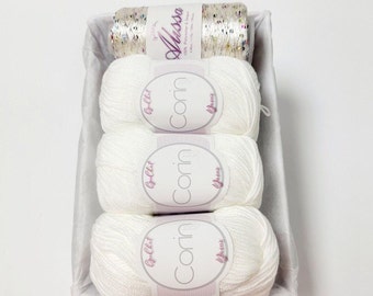 Yarn Gift Set - Silk/Cashmere & Sequins Yarn - Gift for Yarn Lover, Silk Yarn, Gift for Knitter, Yarn for Wedding Dress, WHITE AND RAINBOW