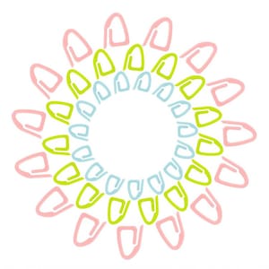 May include: A circular design made of pink, green, and blue paper clips. The paper clips are arranged in a circle, with the points of the clips facing outward.