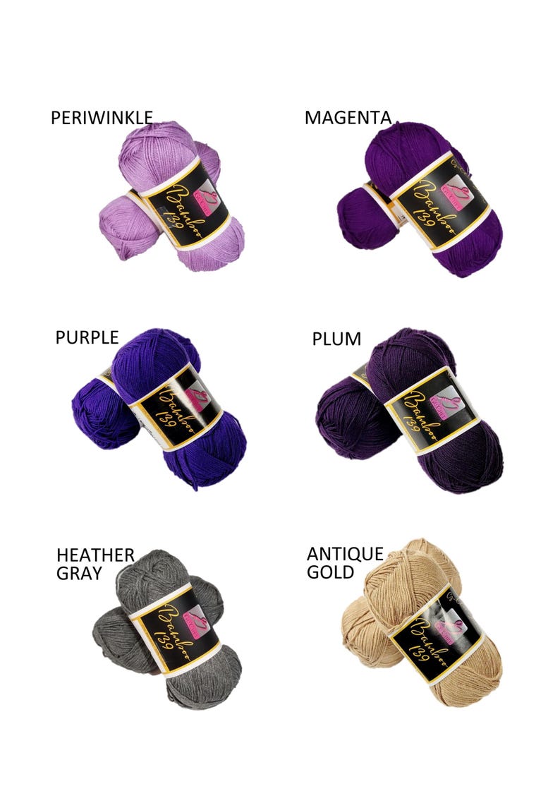 Puede incluir: Seis ovillos de hilo en diferentes colores: periwinkle, magenta, morado, ciruela, gris jaspeado y oro antiguo. Cada ovillo est&aacute; etiquetado con "Bamboo 139".