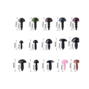May include: Assortment of plastic safety eyes for crafts. The eyes come in various sizes and colors, including black, brown, pink, green, blue, and red. The eyes have a flat back with a screw-on post.