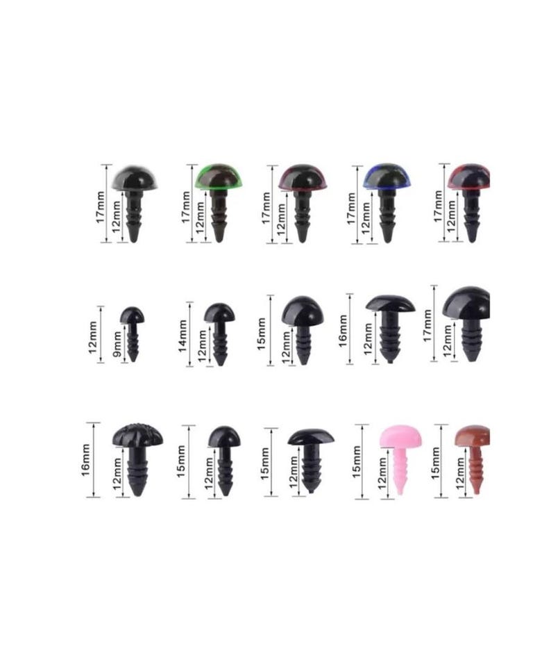May include: Assortment of plastic safety eyes for crafts. The eyes come in various sizes and colors, including black, brown, pink, green, blue, and red. The eyes have a flat back with a screw-on post.