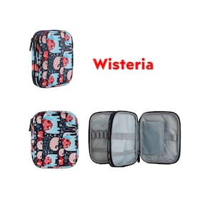 May include: A blue pencil case with a zipper closure and a colorful elephant print. The case is open to reveal a gray interior with multiple slots for pencils and a zippered pocket. The text "Wisteria" is written in red letters.