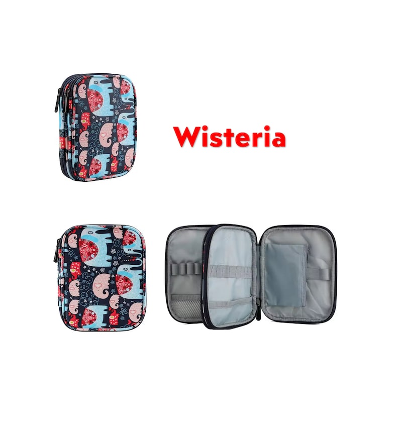 May include: A blue pencil case with a zipper closure and a colorful elephant print. The case is open to reveal a gray interior with multiple slots for pencils and a zippered pocket. The text "Wisteria" is written in red letters.