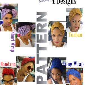 Może przedstawiać: Kolekcja wzorów na szydełku do czterech różnych opasek: krótkiej, bandany, długiej i turbanu. Wzory pokazano na modelach noszących opaski w różnych kolorach.
