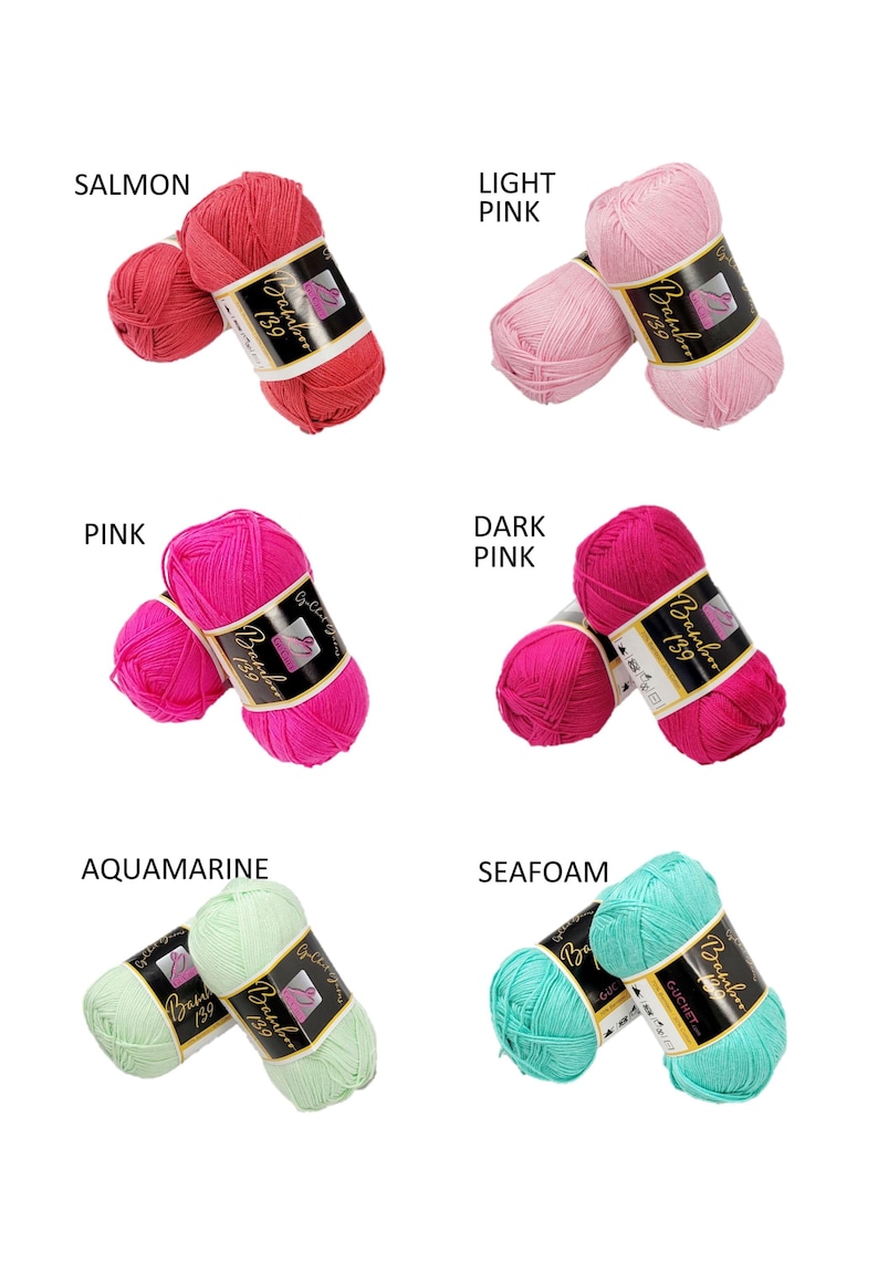 Puede incluir: Seis ovillos de hilo en diferentes colores: salm&oacute;n, rosa claro, rosa, rosa oscuro, aguamarina y espuma de mar. Cada ovillo est&aacute; etiquetado con "Bamboo 139".