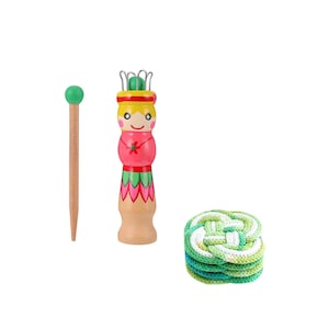 May include: A wooden knitting doll with a painted face and a green top, a wooden knitting needle, and a stack of green and white knitted coasters. The doll is painted with red, yellow, and green details.