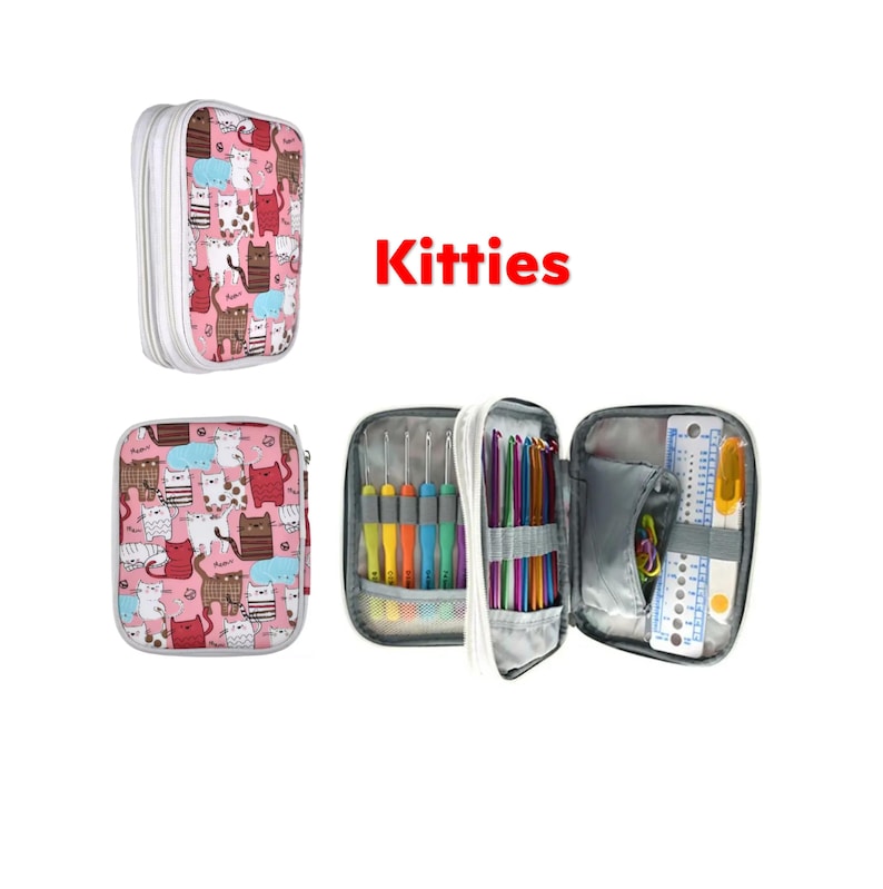 Crochet Hook Case - Empty - Storage Case for Crochet Hooks and Accessories 5.5"x6.8" Kitties