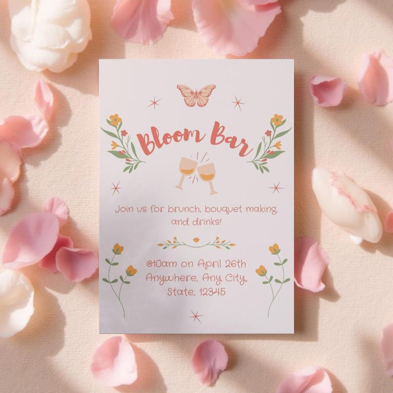 Floral Bloom Bar invitation for spring brunch or bouquet-making party. Printable blush pink invite with butterfly and flower illustrations, styled with soft fabric and scattered rose petals.