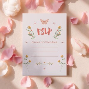 RSVP card for printable Bloom Bar invitation set. Blush pink design with floral graphics and butterfly illustration, perfect for spring events or garden parties. Styled with romantic rose petals.