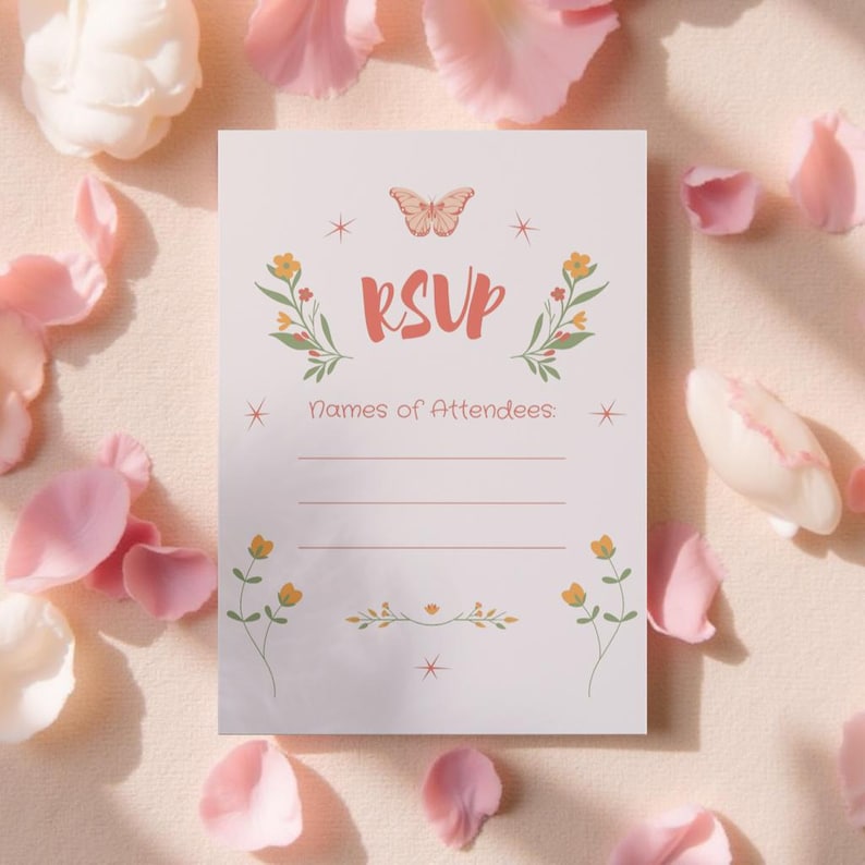 RSVP card for printable Bloom Bar invitation set. Blush pink design with floral graphics and butterfly illustration, perfect for spring events or garden parties. Styled with romantic rose petals.