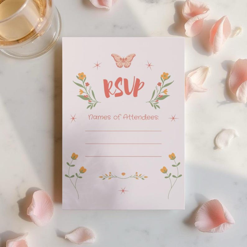 Printable RSVP card for Bloom Bar invitation set. Light pink floral RSVP with butterfly and wildflower details, photographed on marble with soft petals for a dreamy, spring aesthetic.