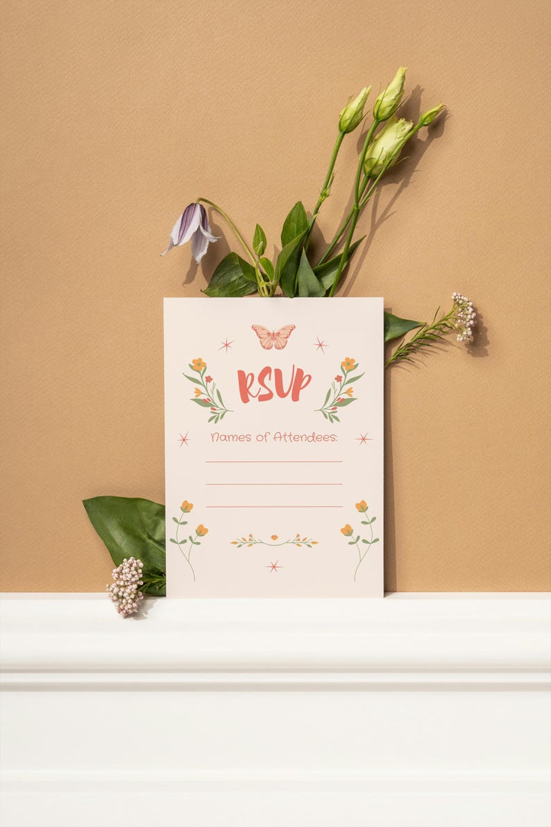 RSVP card for printable Bloom Bar bridal shower invite set. Light pink floral RSVP with whimsical butterfly and wildflower design, styled with greenery and blooms on a warm neutral background.