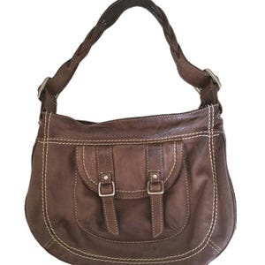 Vintage Fossil Brown Leather Shoulder Saddle Bag Purse Top Stitch Zip Top Close