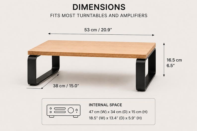 May include: A rectangular wooden turntable stand with black metal legs. Dimensions are 20.9 inches wide, 15.0 inches deep, and 6.5 inches high. The internal space measures 18.5 inches wide, 13.4 inches deep, and 5.9 inches high. Text reads DIMENSIONS.