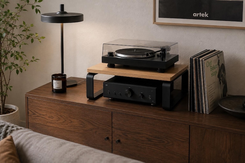 May include: A wooden monitor stand with black metal legs supporting a black turntable with a clear dust cover. Beneath the stand sits a black audio amplifier. The unit is placed on a dark wood cabinet next to a stack of vinyl records.