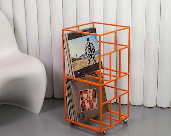Moderne rollende vinylplatenstandaard, metalen lp-opberger, platenopberger met wielen