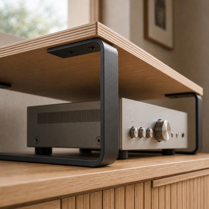 May include: A light wood monitor stand featuring a flat rectangular top surface supported by two matte black metal U-shaped legs. The stand is positioned over a silver audio amplifier with a large central volume knob and several smaller dials.