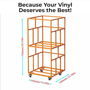 May include: An orange metal vinyl record storage rack on wheels. The rack is 29.13 inches tall and 13.38 inches wide. The text "Because Your Vinyl Deserves the Best!" is at the top.