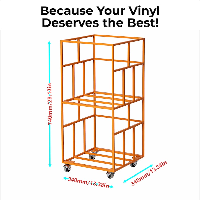 May include: An orange metal vinyl record storage rack on wheels. The rack is 29.13 inches tall and 13.38 inches wide. The text "Because Your Vinyl Deserves the Best!" is at the top.