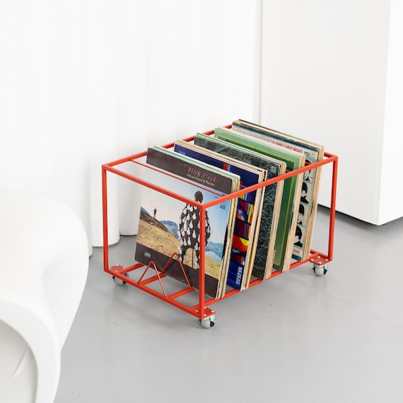 Modern Rolling Vinyl Record Stand – Metal LP Holder with Wheels, Minimalist Record Storage