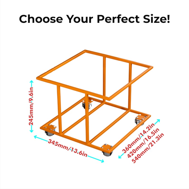 Op de afbeelding: Een oranje metalen kar met wielen, met een rechthoekig frame. De afmetingen zijn aangegeven als 34.5cm/13.6in, 36cm/14.2in, 42cm/16.5in, 54cm/21.3in en 24.5cm/9.6in. De tekst bovenaan luidt: "Kies uw perfecte maat!"