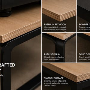 May include: A table featuring a light-colored birch plywood top with visible layered edges and a black powder-coated steel frame. Text overlays include Handcrafted Quality, Premium Plywood, Powder Coated Steel, Precise Finish, Solid Construction, and Smooth Surface.