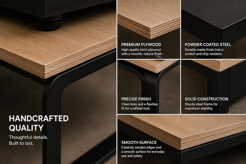 May include: A table featuring a light-colored birch plywood top with visible layered edges and a black powder-coated steel frame. Text overlays include Handcrafted Quality, Premium Plywood, Powder Coated Steel, Precise Finish, Solid Construction, and Smooth Surface.