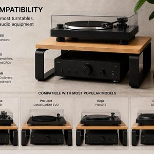 May include: A wooden audio equipment stand with black metal legs, featuring a top shelf for a turntable and a lower space for an amplifier. The image includes text detailing wide compatibility with various audio gear and popular turntable models.