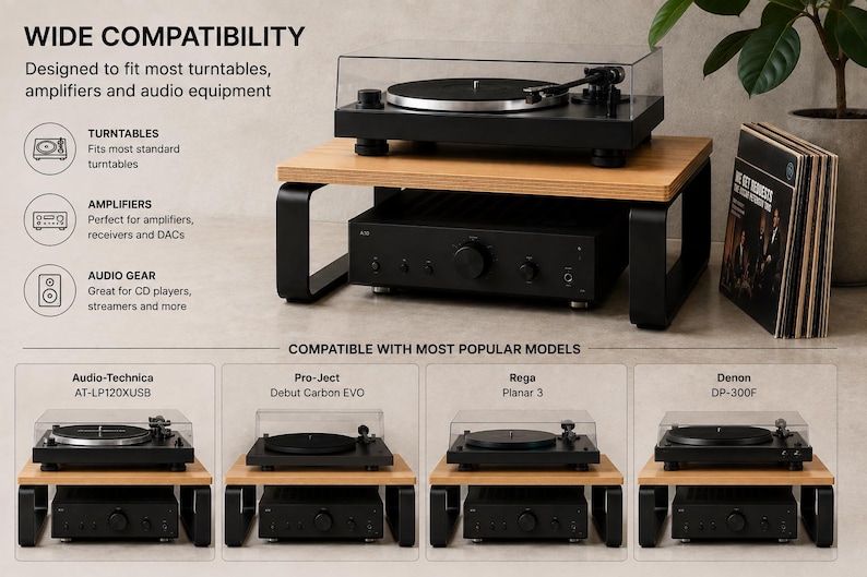 May include: A wooden audio equipment stand with black metal legs, featuring a top shelf for a turntable and a lower space for an amplifier. The image includes text detailing wide compatibility with various audio gear and popular turntable models.