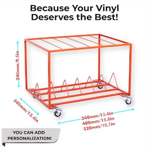 May include: An orange metal vinyl record storage rack on wheels. The rack is 13.4 inches wide, 9.5 inches tall, and can hold records up to 19.7 inches wide. Text on the image reads "Because Your Vinyl Deserves the Best!"