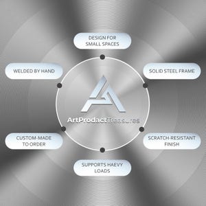 Op de afbeelding: Zilverkleurige afbeelding met tekst: "Design for Small Spaces", "Welded by Hand", "Custom-Made to Order", "Supports Heavy Loads", "Scratch-Resistant Finish" en "Solid Steel Frame". Het logo "ArtProductTreasures" staat in het midden.
