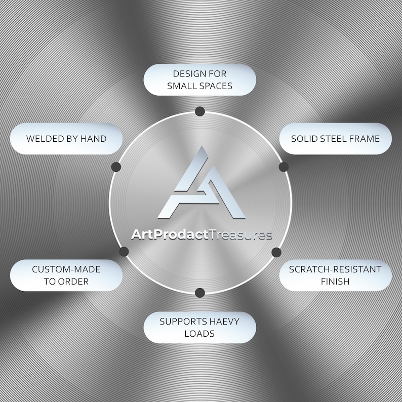 Op de afbeelding: Zilverkleurige afbeelding met tekst: "Design for Small Spaces", "Welded by Hand", "Custom-Made to Order", "Supports Heavy Loads", "Scratch-Resistant Finish" en "Solid Steel Frame". Het logo "ArtProductTreasures" staat in het midden.