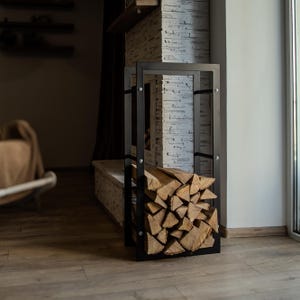 Steel Firewood Holder Rack For Indoor Storage Fireplace Log Stand Minimalist Design Black Firewood Rack Fireplace Accessory