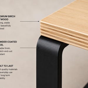 May include: A table corner featuring a light-colored birch plywood top with visible layered edges and a matte black powder-coated steel leg. Text labels highlight premium birch plywood, powder-coated steel, and built-to-last construction.