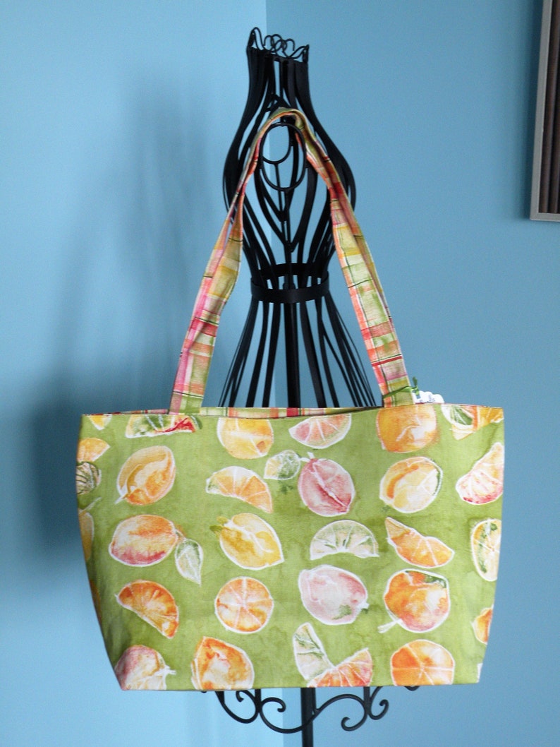 Handmade Large Lined Green Yellow Citrus Fruit /& Multi Colored Plaid Shopping Tote