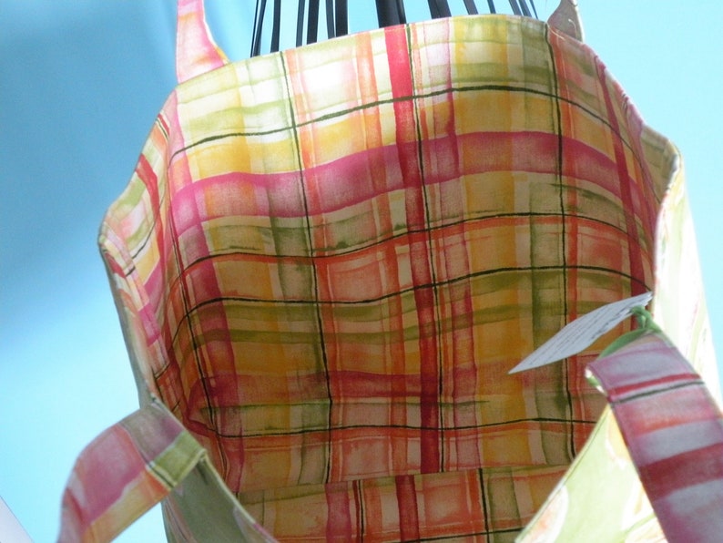Handmade Large Lined Green Yellow Citrus Fruit /& Multi Colored Plaid Shopping Tote