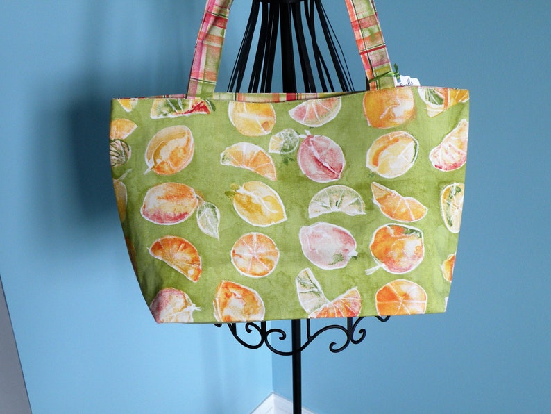 Handmade Large Lined Green Yellow Citrus Fruit /& Multi Colored Plaid Shopping Tote