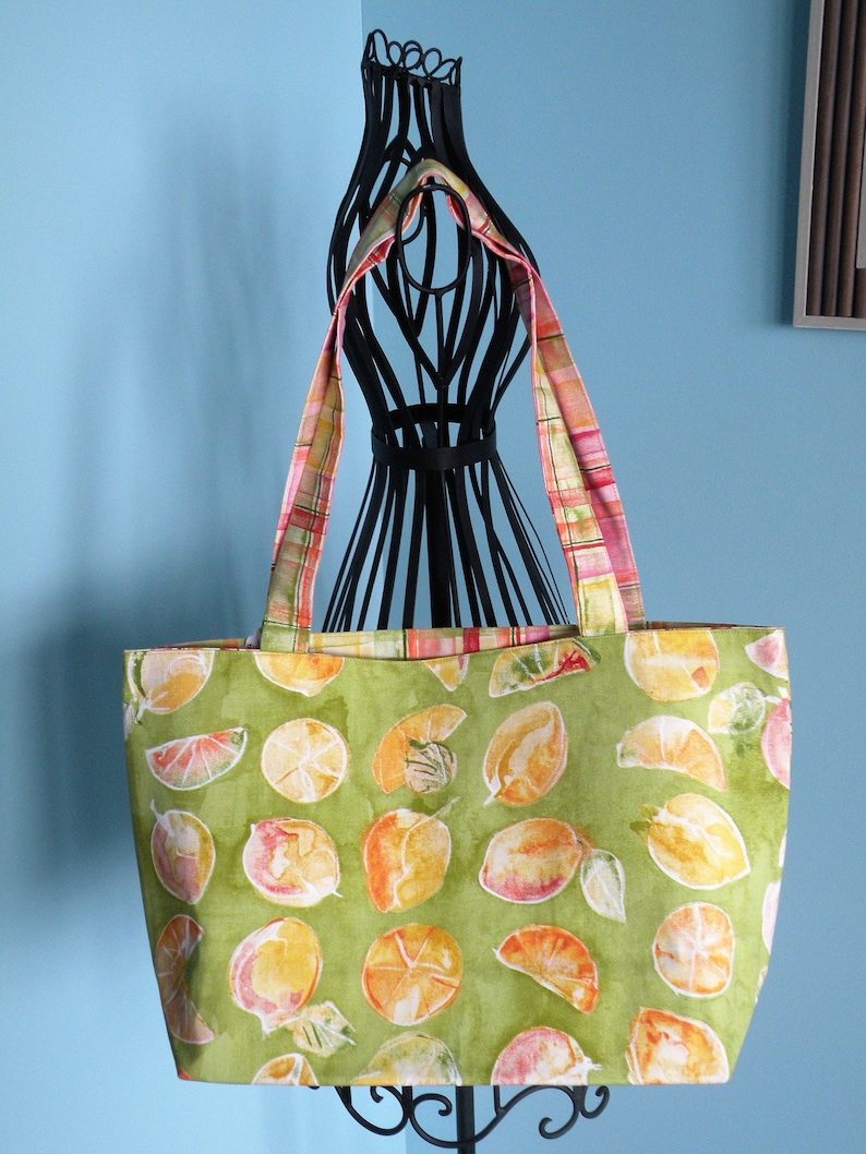 Handmade Large Lined Green Yellow Citrus Fruit /& Multi Colored Plaid Shopping Tote
