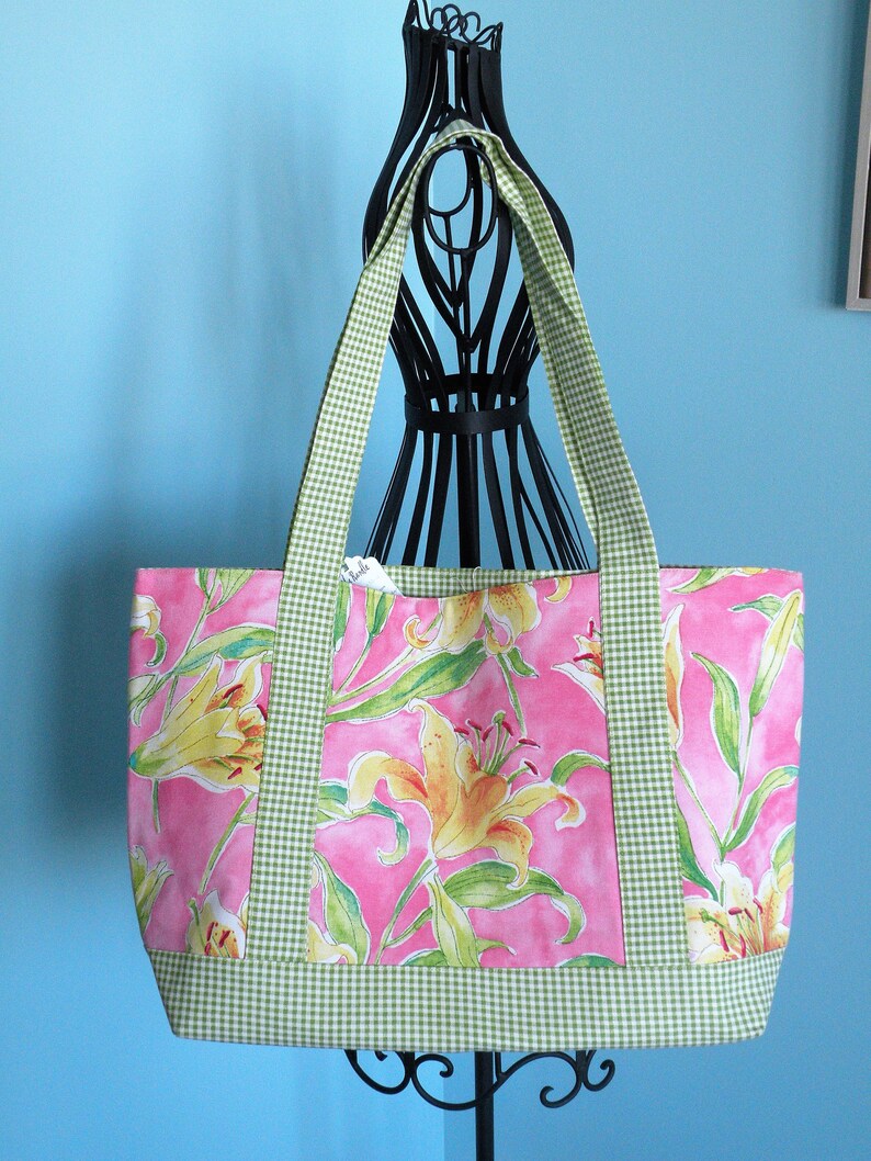 Handmade Large Lined Pink Green Tulip Flowers /& Small Check Shopping Tote With Front Pocket