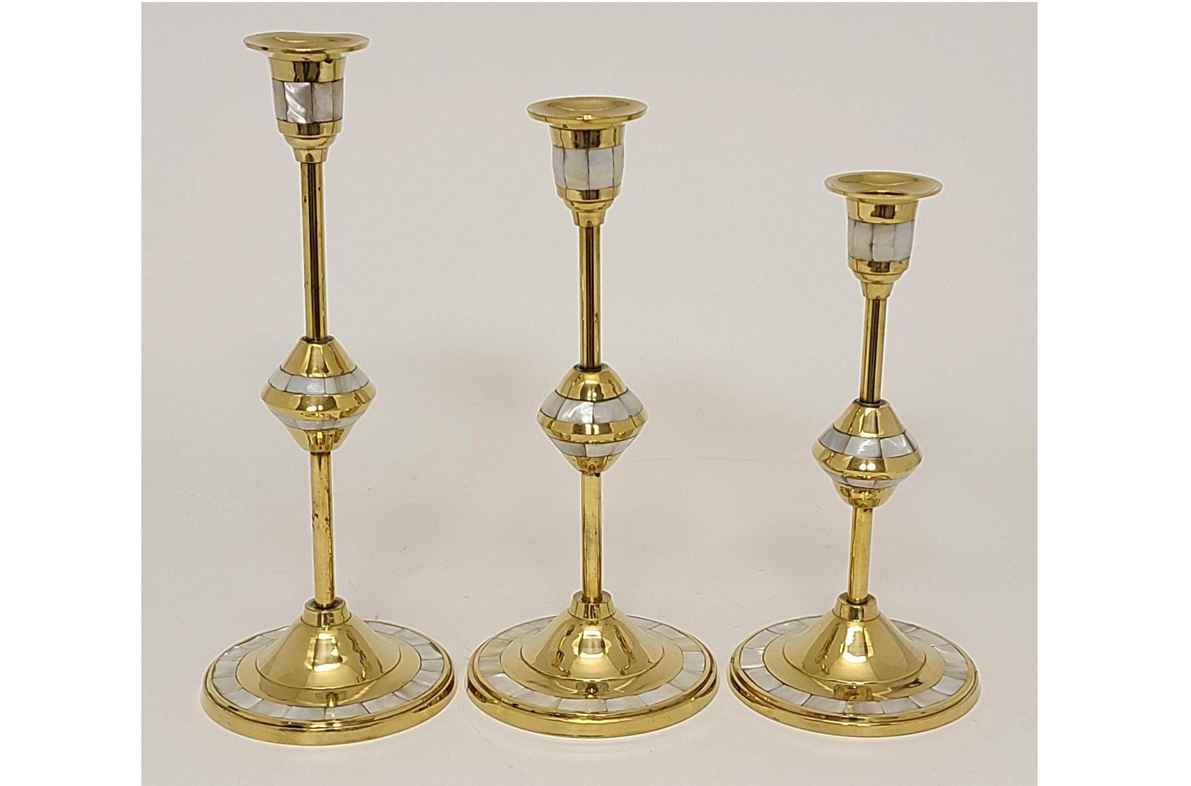 Set/3 Candle Holder Brass Mother of Pearl Inlay Round 4"Dia Base 8"-9"-10"High