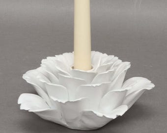 Set/2 White Ceramic Candle Holders Peony 25 Petals in 5 Layers 5.75&quot;Dia 3&quot;High