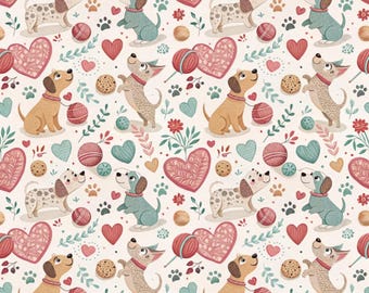 Chien mignon floral avec tissu en coton à motif coeur, tissu imprimé pur coton par demi-mètre