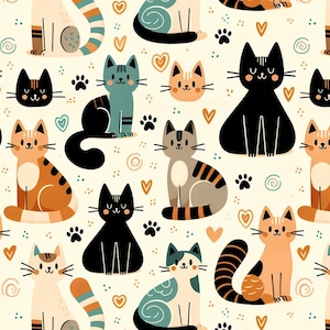 May include: A repeating pattern featuring cartoon cats in various colours, including black, orange, grey, and blue, with striped and solid designs. The background is cream-coloured with paw prints and heart shapes.