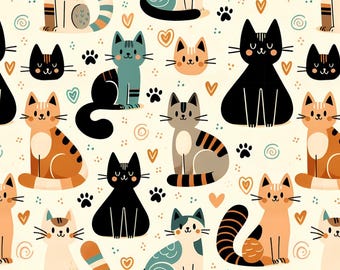 Cartoon Cats Fabric-Cute Cats Pattern Cotton Fabric Floral With Heart Cats Pattern Fabric,Pure Cotton Print Fabric By Half Yard